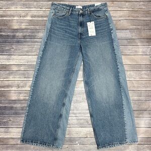 Zara Medium Wash Two Tone Mid Rise Wide Leg Shifted Off Set Seams Jeans 10 NWT